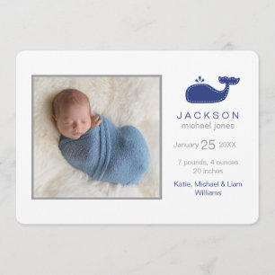 Preppy Whale Photo Birth Announcement, Baby Boy Announcement