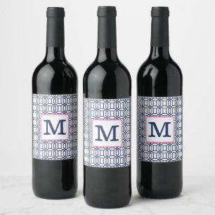 Preppy White Blue Octagon Geometric Monogram  Wine Label