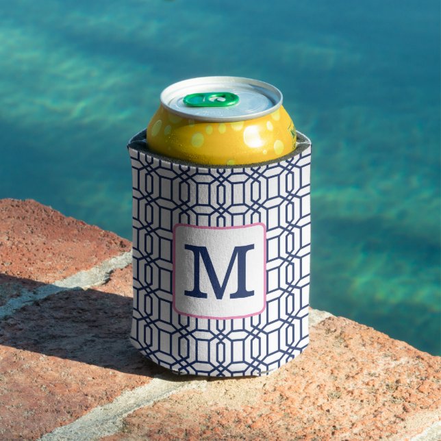 Preppy White Blue Octagon Monogram Initial Can Cooler (In Situ Pool)