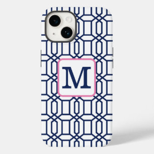 Preppy White Blue Octagon Monogram Initial Case-Mate iPhone 14 Case