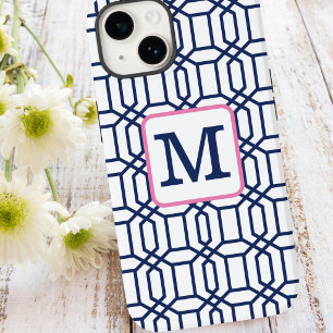 Preppy White Blue Octagon Monogram Initial Case-Mate iPhone 14 Case