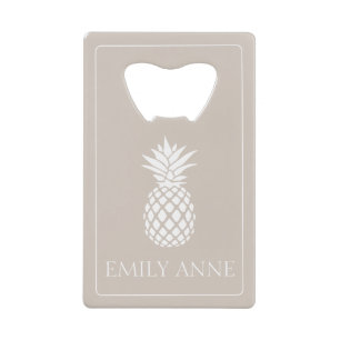 Preppy White Pineapple on Beige Credit Card Bottle Opener