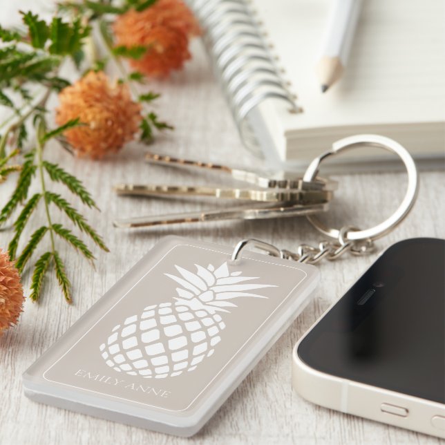 Preppy White Pineapple on Beige Keychain (Front Right)