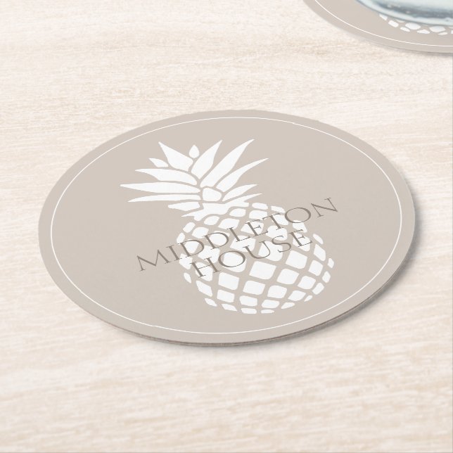 Preppy White Pineapple on Beige Personalized Round Paper Coaster (Angled)