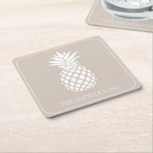 Preppy White Pineapple on Beige Square Paper Coaster