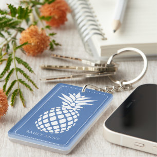 Preppy White Pineapple on Blue Keychain
