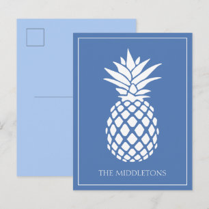 Preppy White Pineapple on Blue Postcard