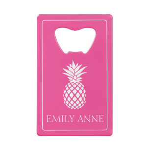 Preppy White Pineapple on Pink Credit Card Bottle Opener