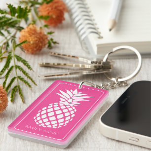 Preppy White Pineapple on Pink Keychain