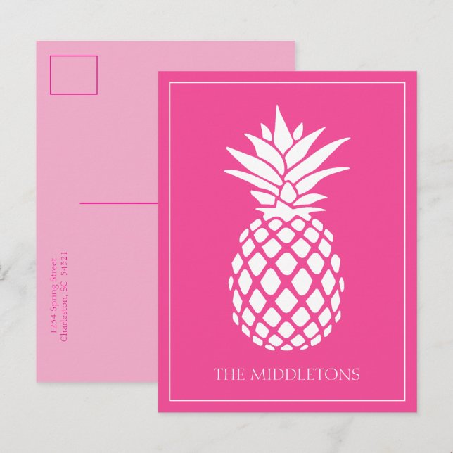 Preppy White Pineapple on Pink Postcard (Front/Back)