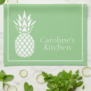 Preppy White Pineapple on Sage Green Kitchen Towel