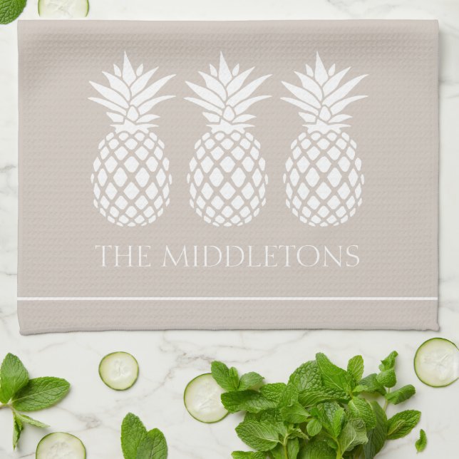 Preppy White Pineapples on Beige Kitchen Towel (Folded)
