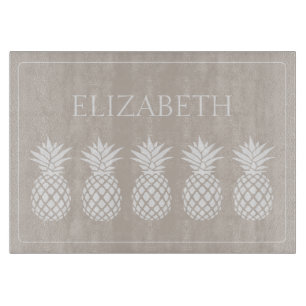 Preppy White Pineapples on Beige Personalized Cutting Board