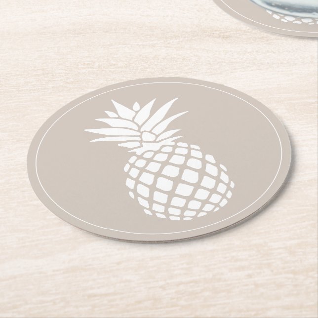 Preppy White Pineapples on Beige Round Paper Coaster (Angled)