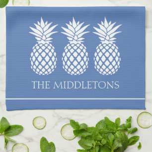 Preppy White Pineapples on Blue Kitchen Towel