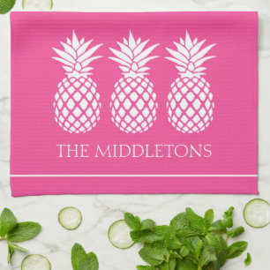 Preppy White Pineapples on Pink Kitchen Towel