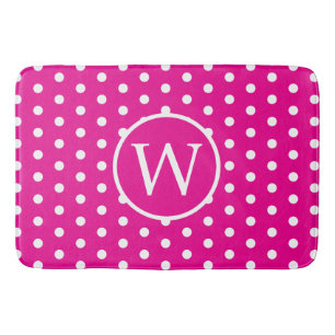 Preppy White Polka Dots on Bright Pink Bath Mat