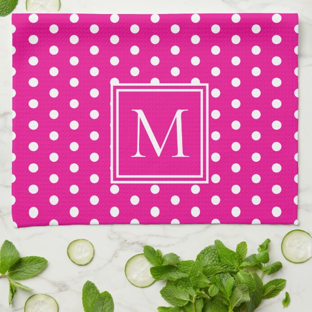 Preppy White Polka Dots on Bright Pink Monogram Kitchen Towel (Folded)