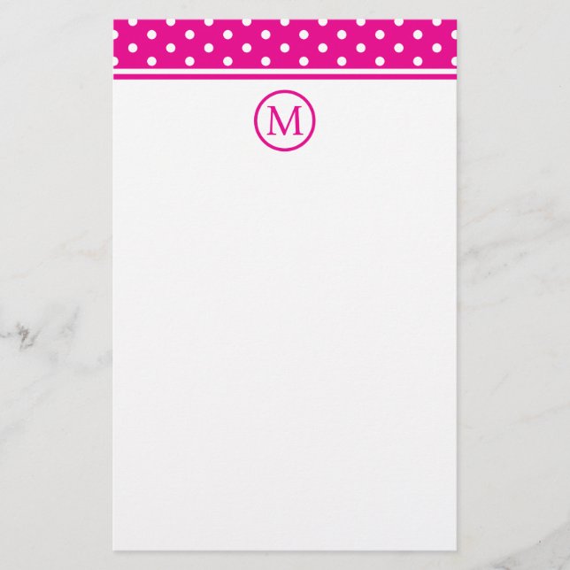 Preppy White Polka Dots on Bright Pink Monogram Stationery (Front)