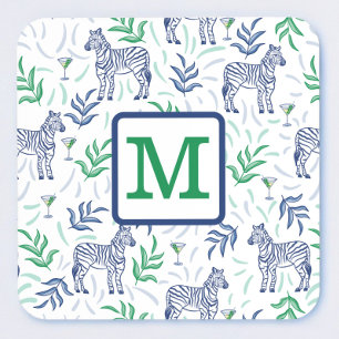 Preppy White Zebra Martinis Green Monogram Coaster