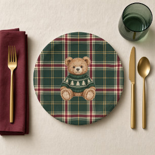 Preppy Winter Teddy Bear Green Tartan Birthday Paper Plate