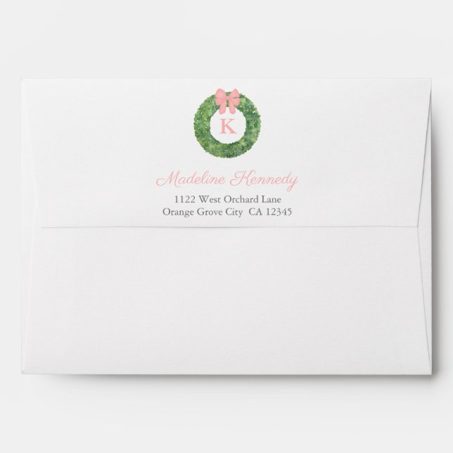 Preppy Wreath Pink Bow Monogram Baby Shower Envelope (Back (Top Flap))