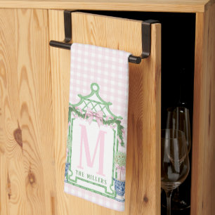 Preppy Wreath with Pink Gingham Bow  Kitchen Towel