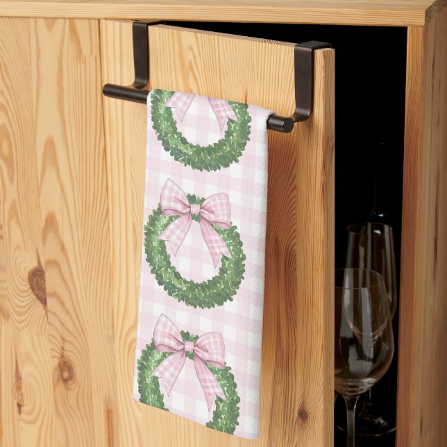 Preppy Wreath with Pink Gingham Bow  Kitchen Towel (Thirds Fold)