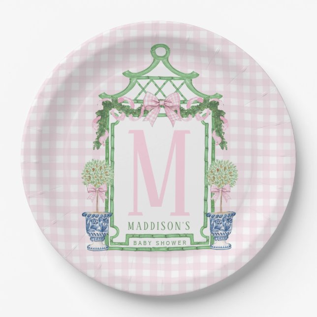 Preppy Wreath with Pink Gingham Bow  Paper Plate (Front)