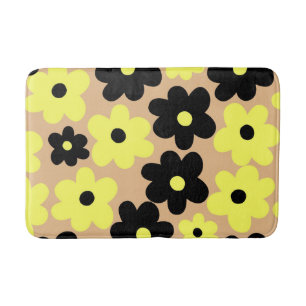 Preppy Yellow Black Floral Simple Flower Pattern Bath Mat
