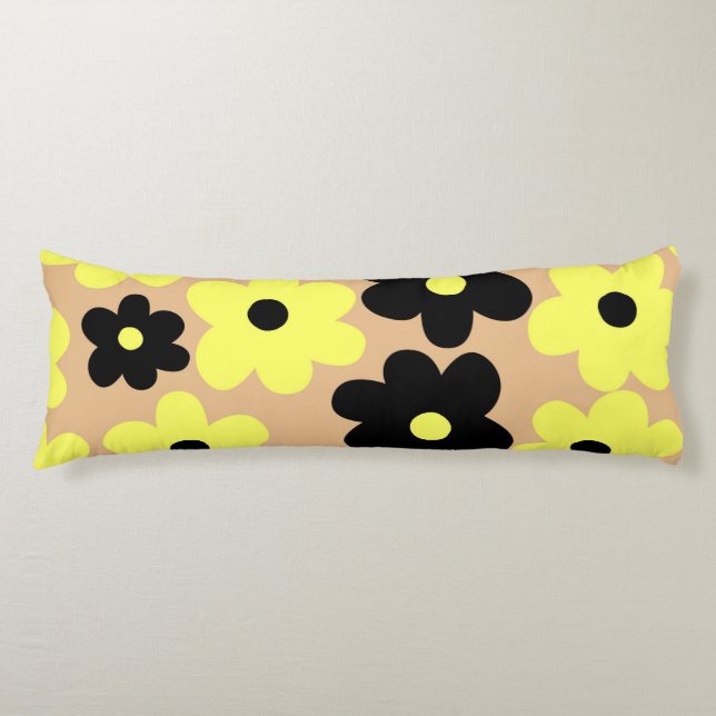 Preppy Yellow Black Floral Simple Flower Pattern Body Pillow (Front)