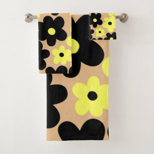 Preppy Yellow Black Hippie Flower Pattern Bath Towel Set