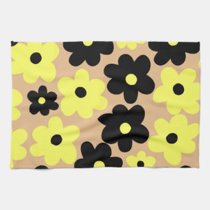 Preppy Yellow Black Hippie Flower Pattern Kitchen Towel