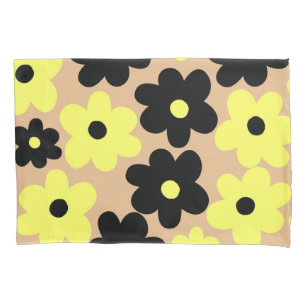 Preppy Yellow Black Hippie Flower Pattern Pillowcase