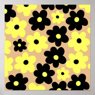 Preppy Yellow Black Hippie Flower Pattern Poster