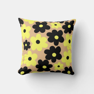 Preppy Yellow Black Hippie Flower Pattern Throw Pillow