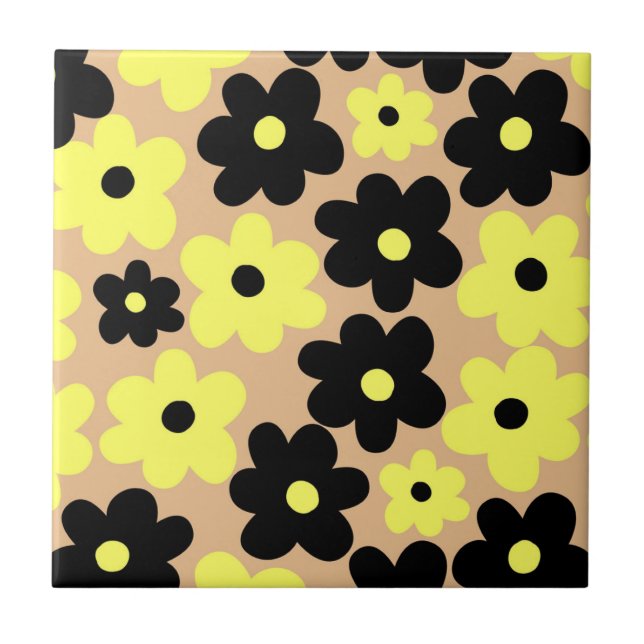 Preppy Yellow Black Hippie Flower Pattern Tile (Front)