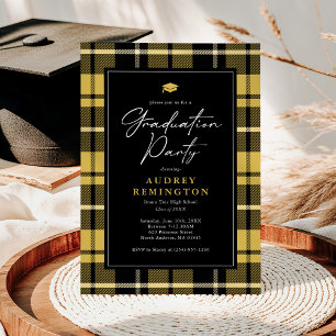 Preppy Yellow Black Tartan Graduation Invitation