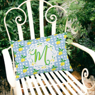 Preppy Yellow Lemons Blue White Check Monogram Accent Pillow