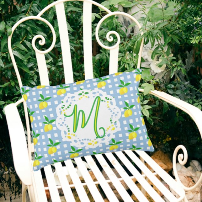  Preppy Yellow Lemons Blue White Check Monogram Accent Pillow (Monogram for someone special!)