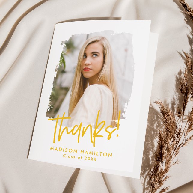 Preppy Yellow Script Photo Graduation Thank You Card (Creator Uploaded)