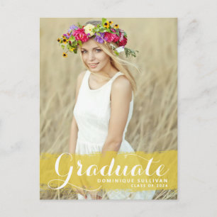 Preppy Yellow Watercolor Overlay Photo Graduation Announcement Postcard