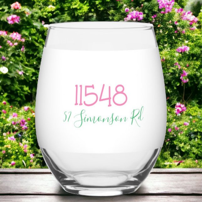 Preppy Zip Code Street Address Personalized Stemless Wine Glass (Creator Uploaded)