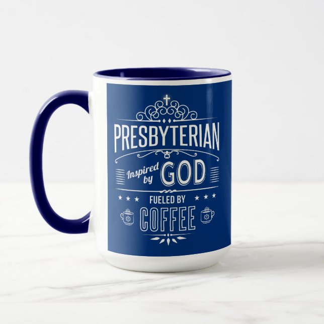 Presbyterian, inspired by God Fuelled by Coffee Mu Mug (Left)