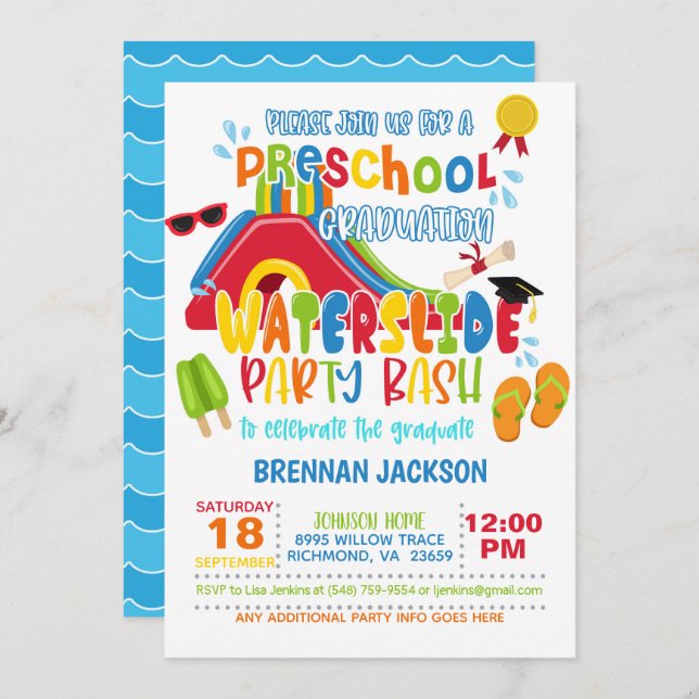 Preschool Graduation Waterslide Party - Boy Invitation (Front/Back)