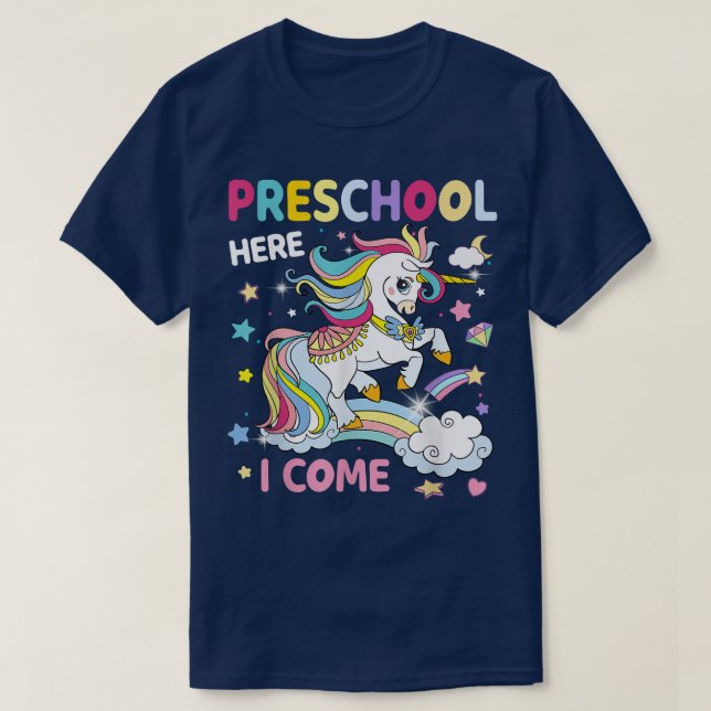 Preschool Here I Come Unicorn Rainbow Back to Scho T-Shirt (Design Front)