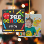 Preschool Keepsake Chalkboard Colourful Kids Photo Ceramic Ornament<br><div class="desc">Pre-school ornament design features an apple, a ruler, crayons and bold, colourful fun typography! Click the customize button for more options for modifying the text! Variations of this design, additional colours, as well as coordinating products are available in our shop, zazzle.com/store/doodlelulu. Contact us if you need this design applied to...</div>