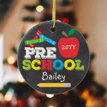 Preschool Keepsake Chalkboard Colourful Kids Photo Ceramic Ornament<br><div class="desc">Pre-K ornament design features an apple, a ruler, crayons and bold, colourful fun typography on the front and a full-photo on the back! Click the customize button for more options for modifying the text! Variations of this design, additional colours, as well as coordinating products are available in our shop, zazzle.com/store/doodlelulu....</div>