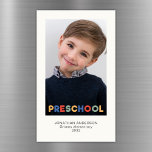 Preschool Keepsake Photo Magnet<br><div class="desc">Capture the charm of early childhood with this preschool keepsake photo magnet card, featuring a playful multi-colour header that evokes the joy of preschool days. With a clean, minimalist design, the card highlight your child’s adorable photo and milestone details, creating a keepsake that’s both elegant and heartwarming. ◆︎◆︎◆︎ Perfect for...</div>