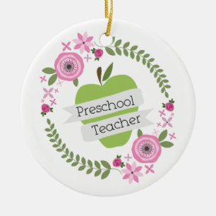 Preschool Teacher Floral Wreath Green Apple Ceramic Ornament